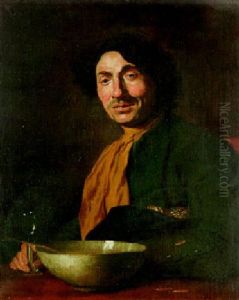 A Man Holding A Wineglass And A Hat Full Of Coins