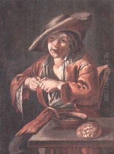 Young Boy Seated At A Table With A Bowl Of Soup And A Panino