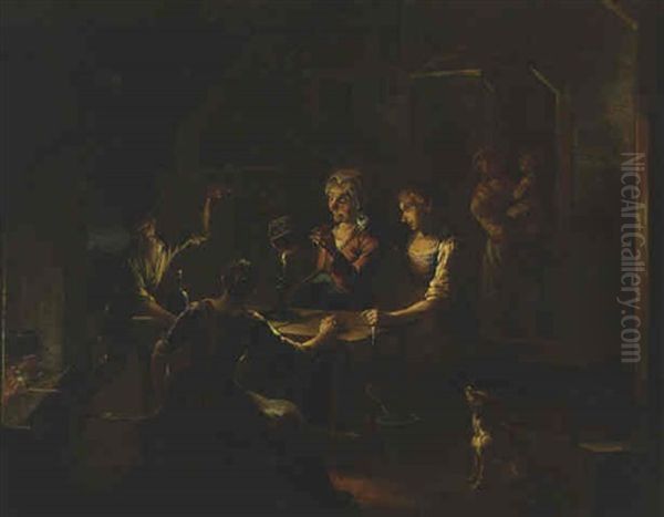 Peasant Women Setting A Mouse Trap By Candlelight Outside A Cottage - view 1