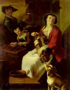 A Peasant Woman Playing The Hurdy-gurdy, With Girl And Youth In Farmhouse by Giacomo Francesco Cipper
