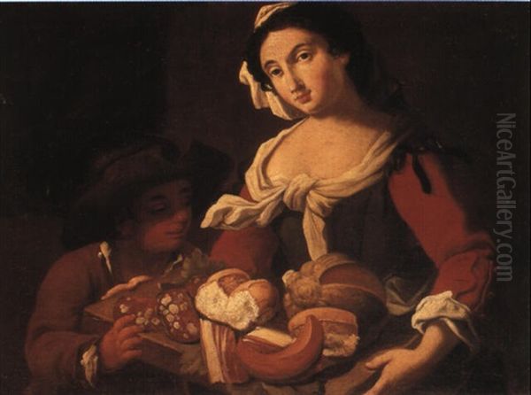 Serving Girl And Boy With A Tray Of Salami, Bread And Melon - view 1
