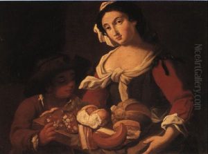 Serving Girl And Boy With A Tray Of Salami, Bread And Melon by Giacomo Francesco Cipper