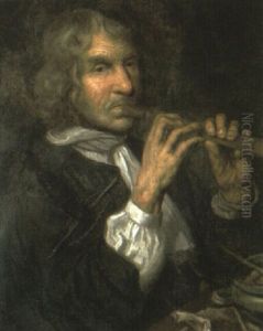 A Peasant Man Playing A Recorder At Table