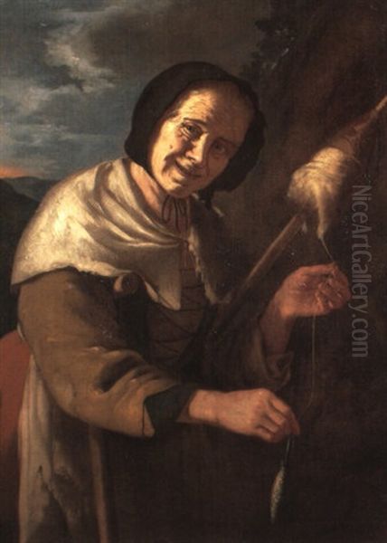 An Old Woman Spinning Wool - view 1