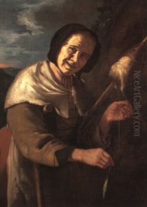 An Old Woman Spinning Wool