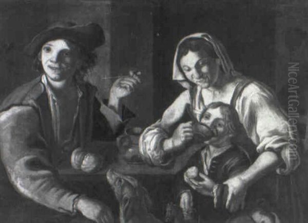 Peasant Family Eating And Drinking At A Table - view 1