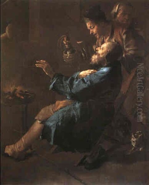 Interior Med Tre Personel Der Varmer Sig Ved Aben Ild - view 1