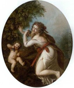 A Woman Picking Grapes With A Putto