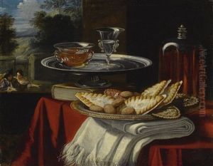 Still Life Of A Silver Tray With Sweets Upon A Folded White Cloth, A Silver Tray Beyond It With Two Crystal Glasses Upon It, All On A Table Draped With A Red Cloth, A Window With A Landscape And Two Figures Beyond