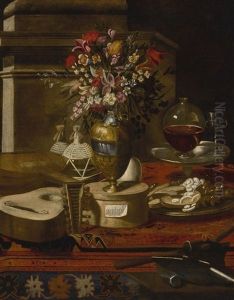 Still Life Of A Vase Of Flowers, Musical Instruments, Two Flasks, A Dish With Sweets And Other Objects On A Table