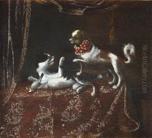 A Dog And A Cat On A Draped Table-top