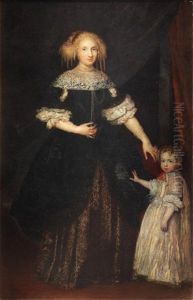 Portrait Of A Lady, Standing Full-length In A Black And Gold-embroidered Dress Beside Her Daughter