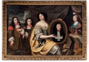 Portrait D"une Femme Tenant Le Portrait En Medaillon De Son Mari, Avec Ses Enfants Portrait D"une Femme Tenant Le Portrait En Medaillon De Son Mari, Avec Ses Enfants