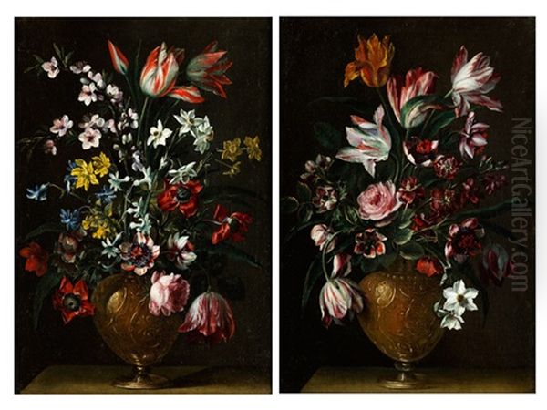 Zwei Stillleben Mit Blumenbouquets In Metallenen Vasen (2 Works) - view 1