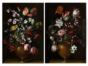 Zwei Stillleben Mit Blumenbouquets In Metallenen Vasen (2 Works)