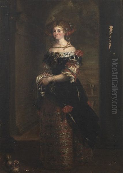 Portrait Of A Lady, Full-length, In An Embroidered Dress, Standing With Her Dog - view 1