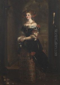 Portrait Of A Lady, Full-length, In An Embroidered Dress, Standing With Her Dog