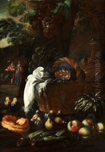 Essenskorb Mit Figuren Im Hintergrund (die Vesper)