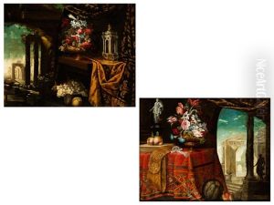 Zwei Stillleben Mit Blumenvase, Fruchten Und Klassischen Ruinen Im Hintergrund Zwei Stillleben Mit Blumenvase, Fruchten Und Klassischen Ruinen Im Hintergrund