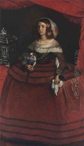 Portrait Of A Lady, Standing Full-length, In A Red And Black Dress With A White Collar, Holding A Kerchief And Spaniel, At A Draped Table With A Casket