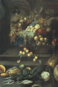 Natura Morta Con Frutta E Ortaggi In Uno Sfondo Architettonico