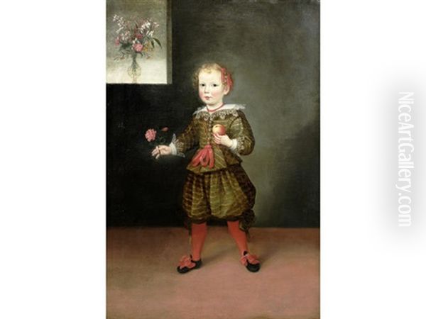 Portrait Of A Boy, Full-length, In A Green Doublet And Hose, Holding A Rose And An Apple - view 1