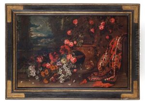 Natura Morta Con Fiori E Un Tappeto In Un Paesaggio