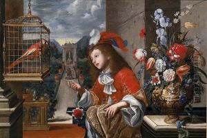Ein Hofisch Gekleideter Knabe Mit Einem Papagei Und Einer Prunkvase Vor Einer Barocken Parkkulisse