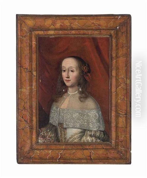 Portrait Of A Lady, Half-length, In A Gold Embroidered White Dress With A Lace Collar And A Pearl Necklace Before A Crimson Curtain - view 1