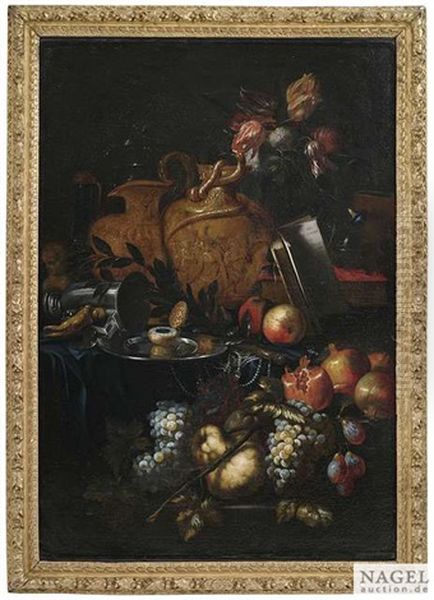 Vanitasstilleben Mit Fruchten, Uhr, Gesturztem Becher, Buch, Totenschadel Und Reliefierten Schenkkannen - view 1