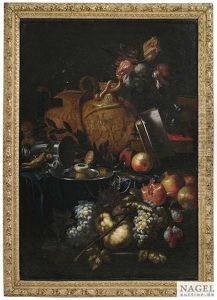 Vanitasstilleben Mit Fruchten, Uhr, Gesturztem Becher, Buch, Totenschadel Und Reliefierten Schenkkannen