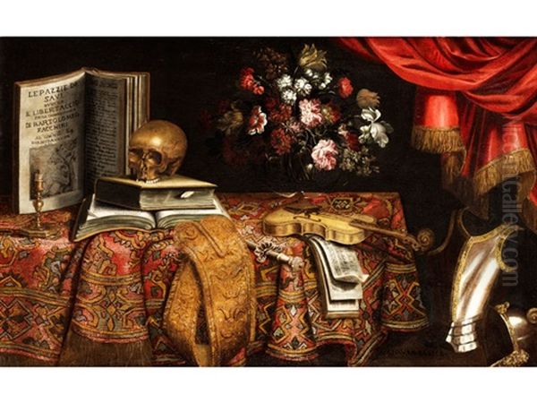 Grosses Vanitasstilleben Mit Violine, Notenbuch, Blumenvase Sowie Auf Einem Buch Aufliegender Schadel - view 1