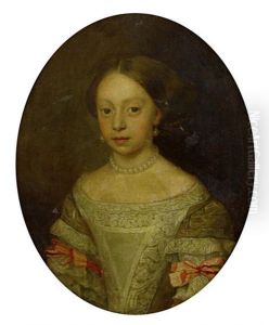 Portrait Of A Young Lady In A Green Dress With Pink Bows, And A Pearl Necklace And Earrings