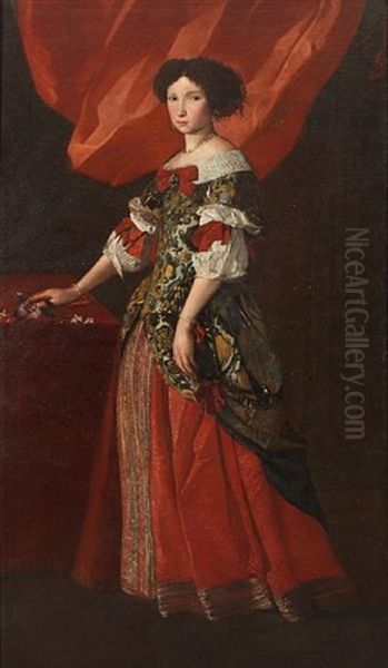 Portrait Of A Lady In A Red And Gold Brocade Dress Standing Before A Red Curtain - view 1
