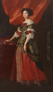 Portrait Of A Lady In A Red And Gold Brocade Dress Standing Before A Red Curtain by Pier Francesco Cittadini