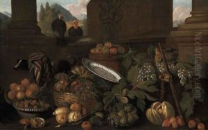 Peaches, Pears, Apples, Lemons, Figs And Grapes, In Baskets, With A Dog And Two Turkeys, In A Classical Architectural Setting, A Landscape Beyond by Pier Francesco Cittadini