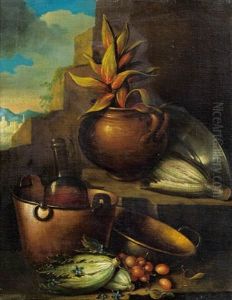 Stillleben Mit Pflanze, Obst, Gemuse, Weinflasche Und Gefasen Vor Einem Landschaftsausblick