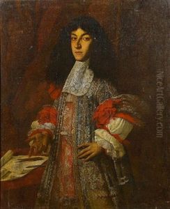 Portrait Of An Architect In A Blue Embroidered Coat Decorated With Red Ribbons, Standing Beside A Table With Architectural Drawings