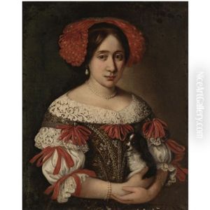 Portrait Of A Lady Wearing An Elaborately Embroidered Dress With Red Ribbons And A Red Ribboned Headdress And Holding A Dog by Pier Francesco Cittadini