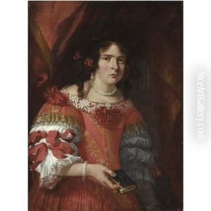 Portrait Of A Young Lady, Three-quarter Length, Wearing An Elaborate Red And White Lace Dress by Pier Francesco Cittadini