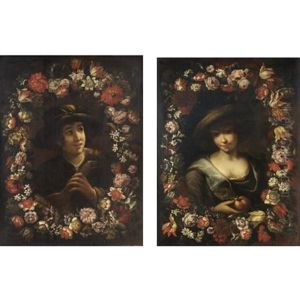 Ghirlanda Di Fiori Con Suonatore (+ Ghirlanda Di Fiori Con Contadina; Pair) by Pier Francesco Cittadini