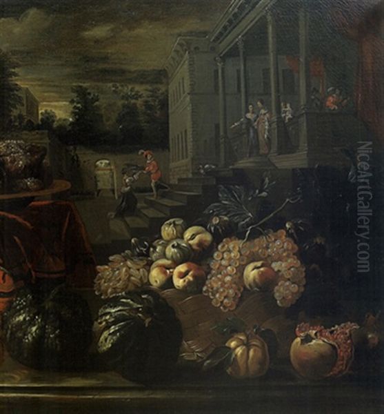 Nature Morte Au Tapis Rouge Et Aux Fruits Devant Un Palais - view 1