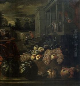 Nature Morte Au Tapis Rouge Et Aux Fruits Devant Un Palais
