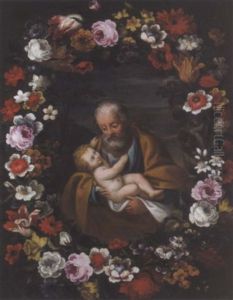 Der Heilige Josef Im Blumenkranz (ghirlanda Florale Con San Giuseppe Col Gesu Bambino) by Pier Francesco Cittadini