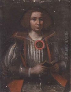 Portrait Of A Young Lady In A Green Dress Trimmed With Red, With A Pearl Necklace And Red Rosette On Her Bust