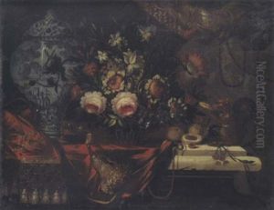 Nature Morte Au Panier De Fleurs, Vase De Delft Et Ecureuil Sur Un Entablement
