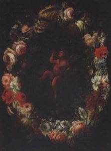 A Garland Of Flowers Surrounding A Putto Blowing Bubbles