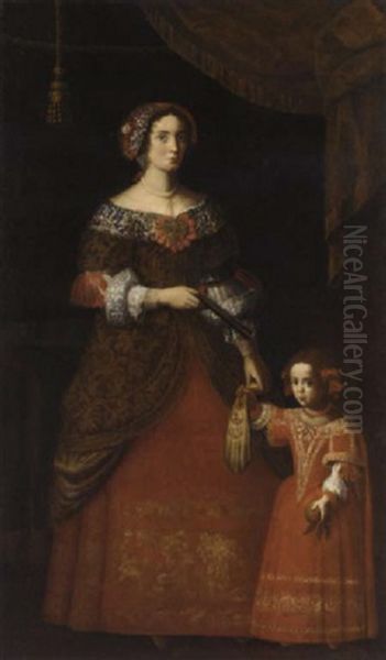 Double Portrait Of A Lady And Her Daughter In Red Embroidered Dresses, A Green Curtain Above - view 1