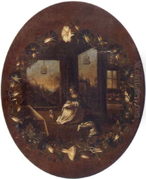 A Garland Of Flowers Surrounding A Lady Sewing, In A Portico With A Landscape Beyond - view 1