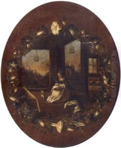 A Garland Of Flowers Surrounding A Lady Sewing, In A Portico With A Landscape Beyond
